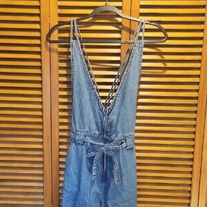 Denim V-Neck Sleeveless Jumpsuit - Blue